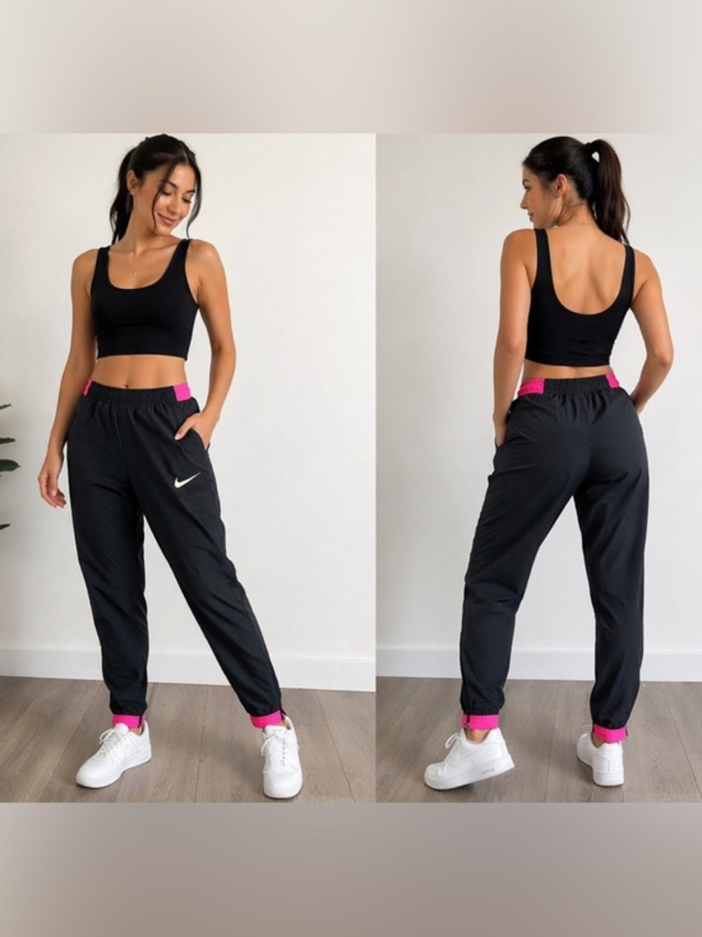 Nike Black Pink Trim Jogger Track Pants Zip Ankle Women’s Medium